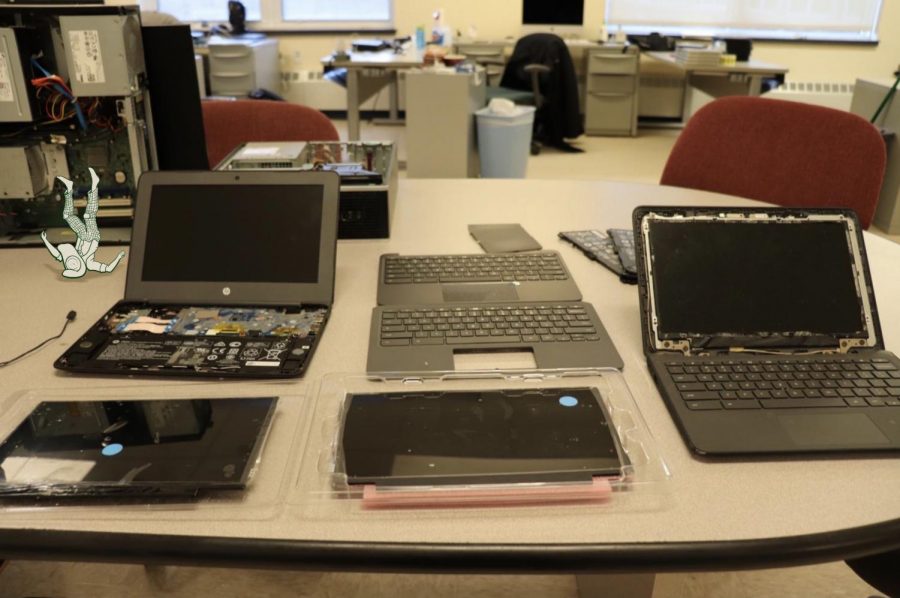 Chromebooks being repaired at the Wachusett High Schools IT office 