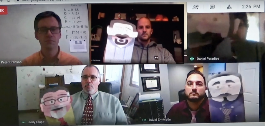 Peter Cranson with Eric Chandonnet, Dan Paradise, Jody Clapp, and David Entwistle (Week 4) (photo courtesy of WRHS Morning Announcements)